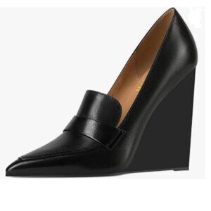 miss left Black Wedge Heel Loafers Pumps Slip On Pointy Toe High Heels Shoes